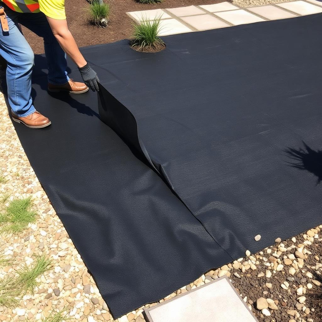 Weed barrier installed under decorative gravel and pavers