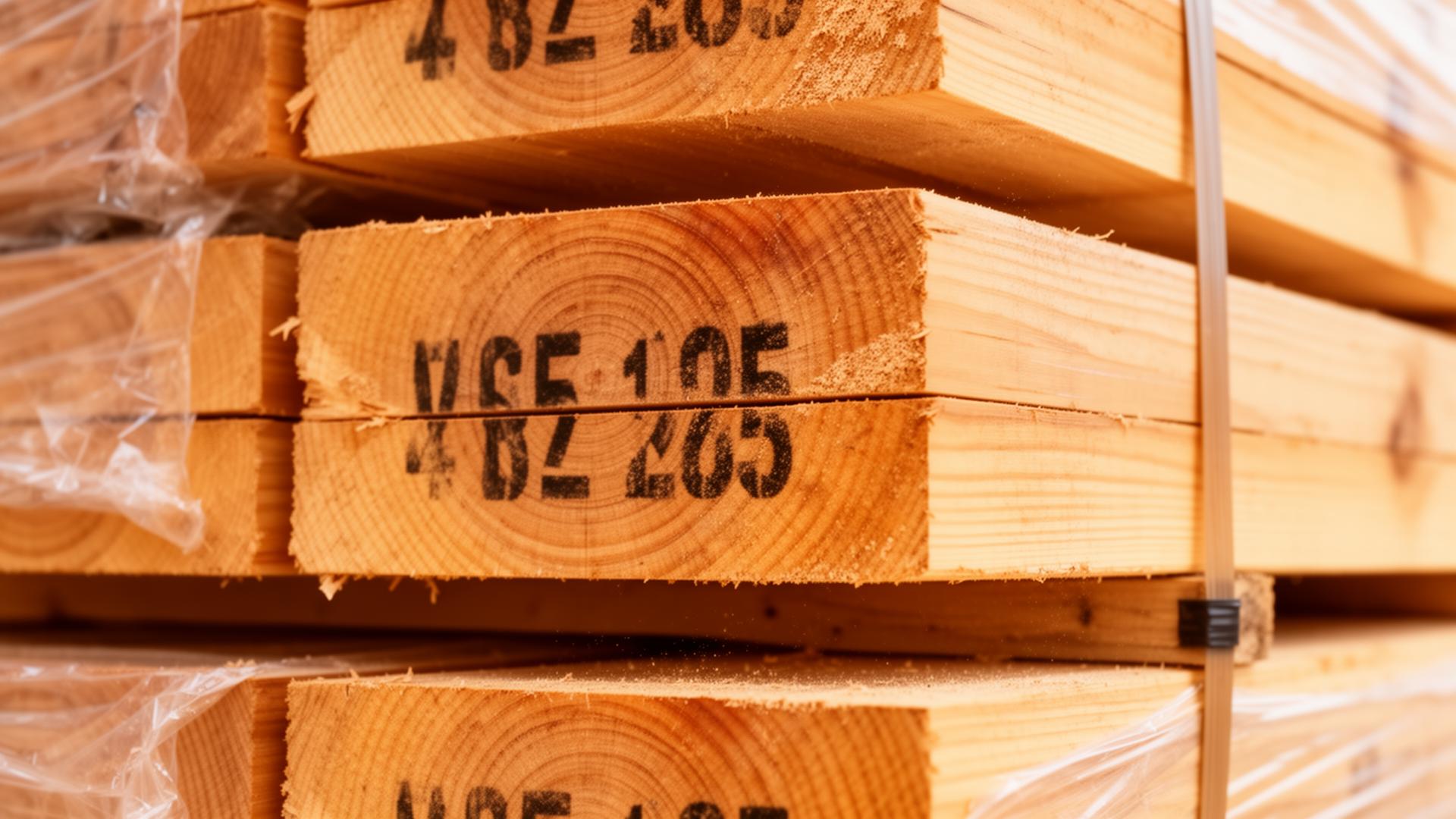 Wrapped dimensional lumber lifts staged in a wholesale yard