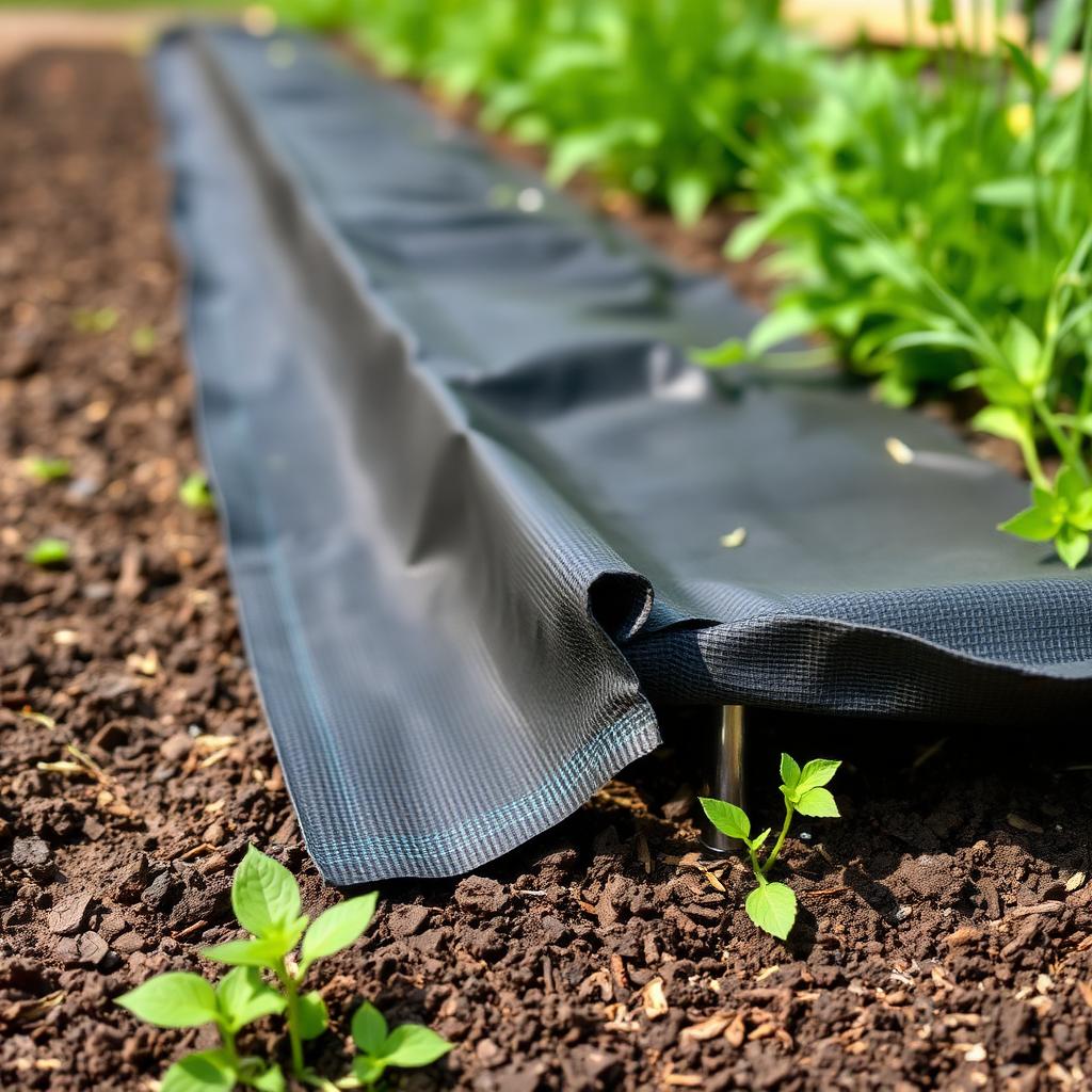 Weed barrier secured with landscape staples in a garden bed