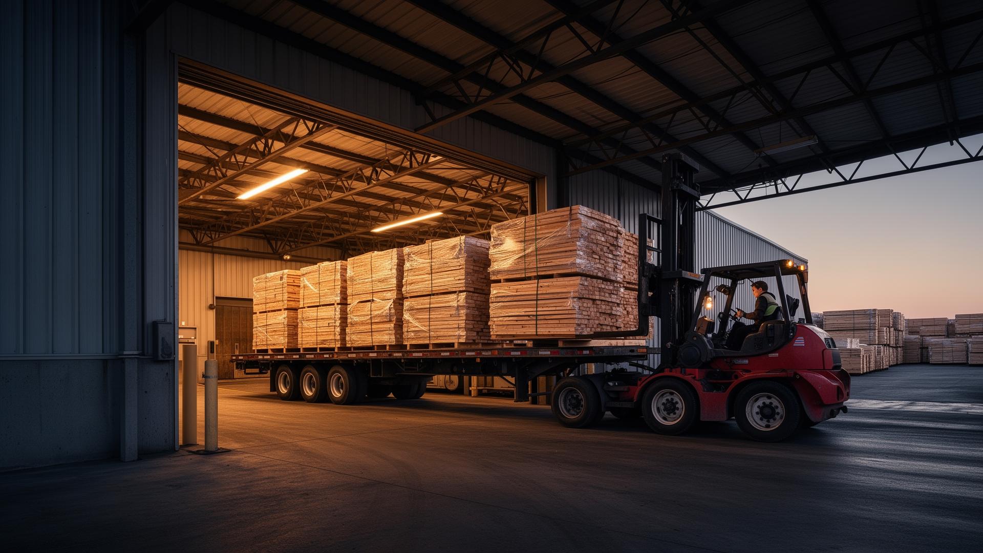 Wrapped lumber lifts staged on the loading dock for truckload dispatch