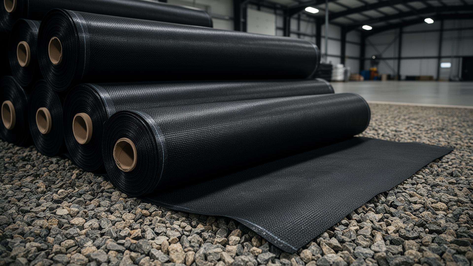 Rolls of black weed barrier landscape fabric stacked in a warehouse